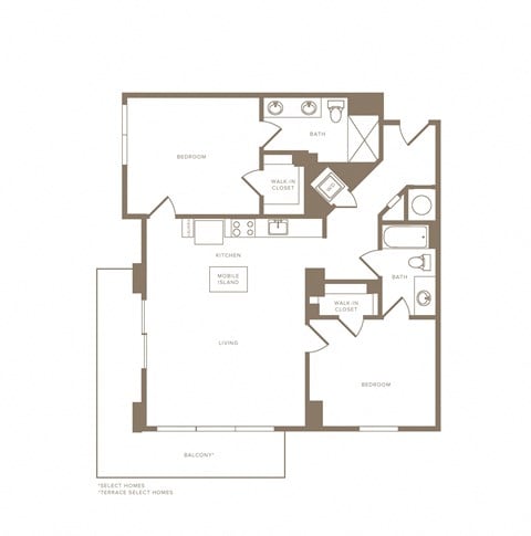 Floor plan for 2 beds, 2 baths, 1186 sqft